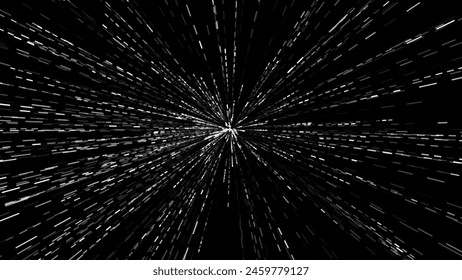 Zooming Through Space. Abstract Hyperspeed Stars Light Trails Burst. Futurist and Science Fiction Background. Vector Illustration. Space Travelling in the Speed of Light.