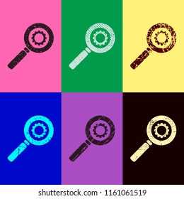 zoon with gear. Pop art style. Scratched icons on 6 colour backgrounds. Seamless pattern