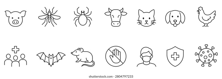 Zoonoses transmission line icon set. including pig, mosquito, tick, cow, cat, dog, chicken, bat, rat, virus, medical protection, prevention symbols.