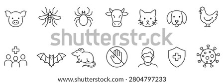 Zoonoses transmission line icon set. including pig, mosquito, tick, cow, cat, dog, chicken, bat, rat, virus, medical protection, prevention symbols.
