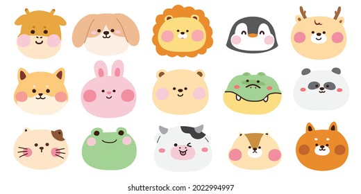 Zoo.Pets.Set of cute animals face on white background.Rabbit,bear,dog,penguin,frog,fox,giraffe,cat,shiba inu,lion,cow.Cartoon character design.Hand drawn.Kid graphic design.Kawaii.Vector.Illustration.