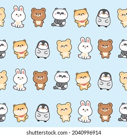 Zoo.Pet.Seamless pattern of cute animals on blue background.Rabbit,bear,panda,shiba inu dog,penguin hand drawn.Character design.Baby cloth.Image.Graphic.Repeat.Art.Kawaii.Vector.Illustration.