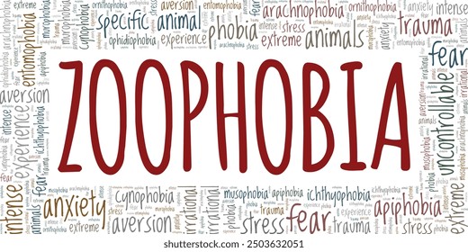 Zoophobia: Fear of Animals word cloud conceptual design isolated on white background.