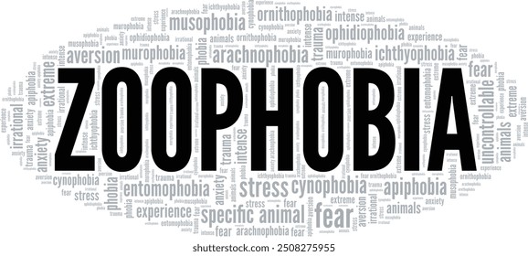 Zoophobia: Fear of Animals word cloud conceptual design isolated on white background.