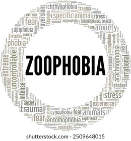 Zoophobia: Fear of Animals word cloud conceptual design isolated on white background.