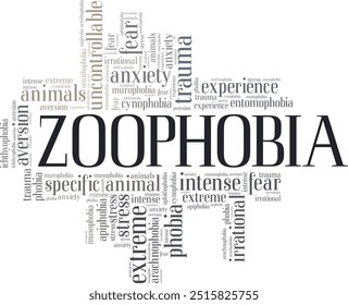 Zoophobia: Fear of Animals word cloud conceptual design isolated on white background.