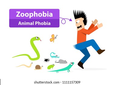 Zoophobia man shocked when see the animals, vector