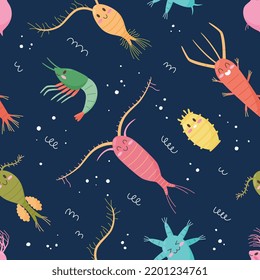 Zooplanktons drifting underwater, seamless pattern - flat vector illustration. Cute childish plankton animals seamless background. Cartoon underwater inhabitants.