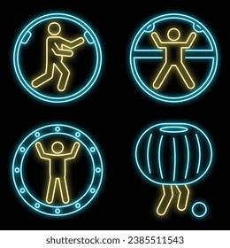 Zorb ball activity icons set. Outline set of zorb ball activity vector icons neon color on black
