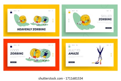 Zorbing Fun Recreation and Aerial Acrobats Performance Landing Page Template Set. Kids Character Having Leisure with Zorb Balls. Gymnasts Performing on Circus Arena. Linear People Vector Illustration