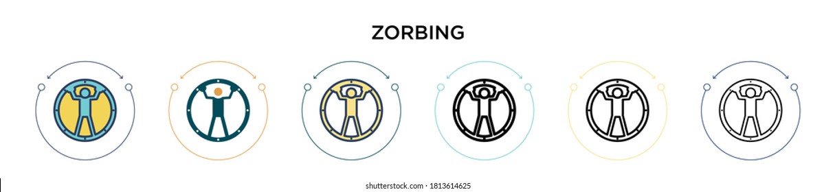 Zorbing icon in filled, thin line, outline and stroke style. Vector illustration of two colored and black zorbing vector icons designs can be used for mobile, ui, web