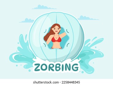 Zorbing Illustration with People Playing Bubble Bump on Green Field or Pool for Web Banner or Landing Page in Flat Cartoon Hand Drawn Templates