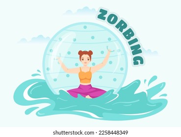 Zorbing Illustration with People Playing Bubble Bump on Green Field or Pool for Web Banner or Landing Page in Flat Cartoon Hand Drawn Templates