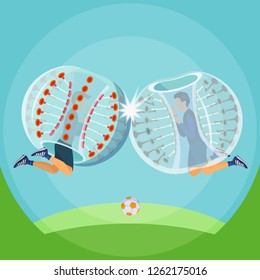Zorbing illustration. Two man play zorbing soccer