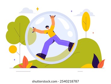 Zorbing Vector Illustration featuring People Enjoying Bubble Bump Games on a Green Field in a Fun and Playful Flat Cartoon Style background