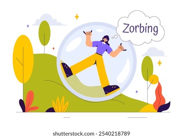 Zorbing Vector Illustration featuring People Enjoying Bubble Bump Games on a Green Field in a Fun and Playful Flat Cartoon Style background