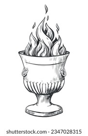 Zoroastrian fire altar, the incarnation of the god Ahura Mazda. Unquenchable flame in the goblet. Vector. Engraving style illustration. Ink drawing of a religious symbol of the ancient Iranians.