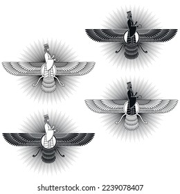 Zoroastrianism religious symbol silhouette vector design, Faravahar symbol silhouette