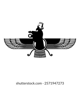 Zoroastrism religion Faravahar Zorostrian symbol Parsi icon black color vector illustration image flat style