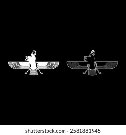 Zoroastrism religion Faravahar Zorostrian symbol Parsi set icon white color vector illustration image solid fill outline contour line thin flat style