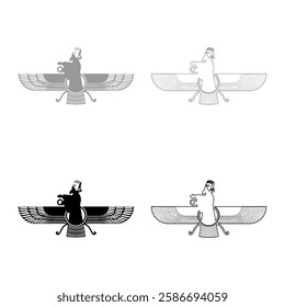 Zoroastrism religion Faravahar Zorostrian symbol Parsi set icon grey black color vector illustration image solid fill outline contour line thin flat style