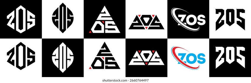 Logo-Design mit ZOS-Buchstaben im Sechs-Stil. ZOS Polygon, Kreis, Dreieck, Sechseck, flach und schlicht mit schwarz-weißem Farbvariationsbuchstaben Logo in einer Zeichenfläche. ZOS minimalistisches und klassisches Logo