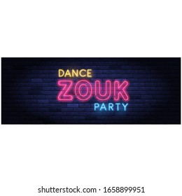 Zouk dance party colorful neon banner. Brightly illuminated neon sign of latin dances. Neon lettering on brick wall background. Disco club event flyer template. Nightlife and entertainment signboard.
