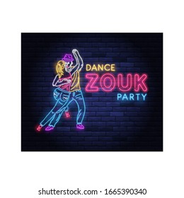 Zouk dance party neon banner with dancing couple. Brightly illuminated neon sign of latin dancers. Disco club neon lettering on brick wall background. Nightlife and entertainment signboard.