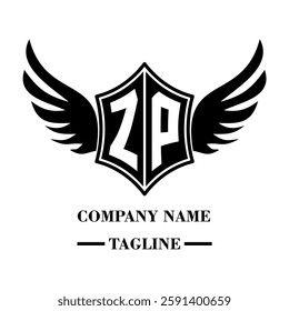ZP bold shield logo with wings, customizable with letters A to Z. Perfect for brands seeking a powerful symbol of strength, freedom, and ambition