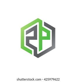 ZP initial letters looping linked hexagon logo black gray green