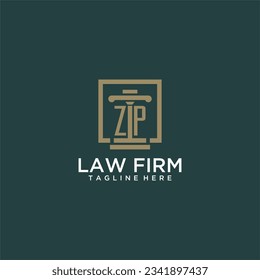 Logotipo de monograma inicial ZP para la firma de abogados con diseño de hitos en cuadrado creativo