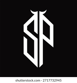 ZP Logo monograma con forma de cuerno aislado Plantilla de diseño en blanco y negro sobre fondo negro