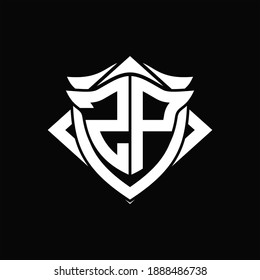Monograma del logotipo ZP con plantilla de diseño de forma de escudo y cuerno ON fondo negro