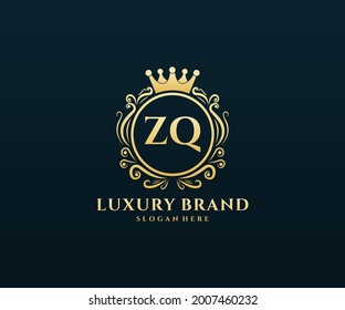 ZQ Initial Letter Gold calligraphic feminine floral hand drawn heraldic monogram antique vintage style luxury logo design.