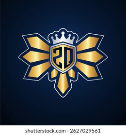 ZQ initial letters monogram logo for gaming with shield and eagle wing