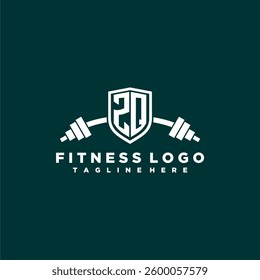 ZQ initial monogram for fitnes or gym logo with creative shield and barbell design