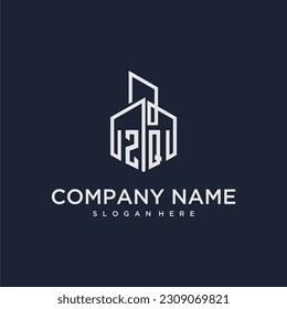 ZQ initial monogram logo for real estate with building style