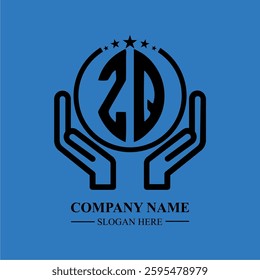 ZQ initials held within hands, symbolizing trust and protection. The circle represents unity, while stars highlight excellence and ambition.
