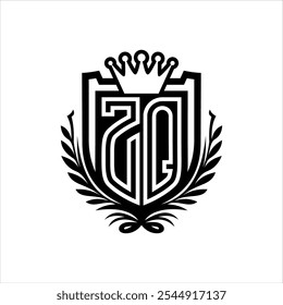 Letra ZQ logotipo heráldica forma do escudo com coroa, vintage escudo sobre fundo branco modelo design