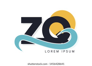 ZQ letter logo with ocean waves and sunset. Beach concept design