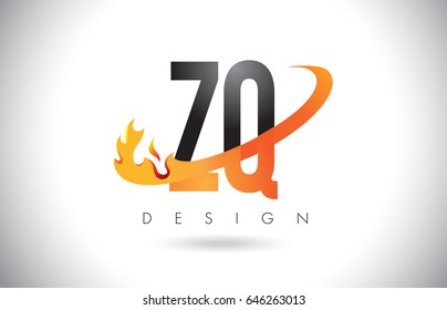 ZQ Z Q Letter Logo Design with Fire Flames and Orange Swoosh Vector Illustration.
