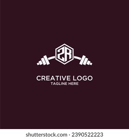 ZR initial monogram for fitnes or gym logo with creative shield and barbell design