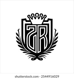 Letra ZR logotipo heráldica forma de escudo com coroa, vintage escudo sobre fundo branco modelo design