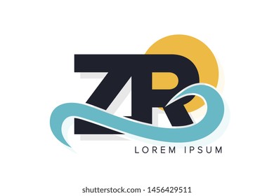 ZR letter logo with ocean waves and sunset. Beach concept design