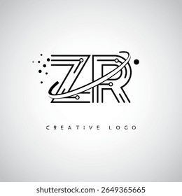 Logotipo de Monograma de Órbita ZR - Marca de Letra Mínima Futurista com Linha de Arte Circular, Pontos Inspirados na Tecnologia e Conceito de Movimento Espacial para Identidade de Marca Moderna