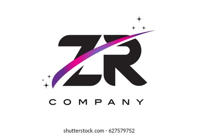 ZR Z R Black Letter Logo Design with Purple Magenta Swoosh and Stars.