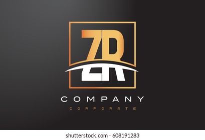 ZR Z R Golden Letter Logo Design with Swoosh and Rectangle Square Box Vector Design.