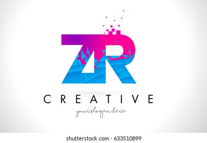 ZR Z R Letter Logo with Broken Shattered Blue Pink Triangles Texture Design Vector Illustration.