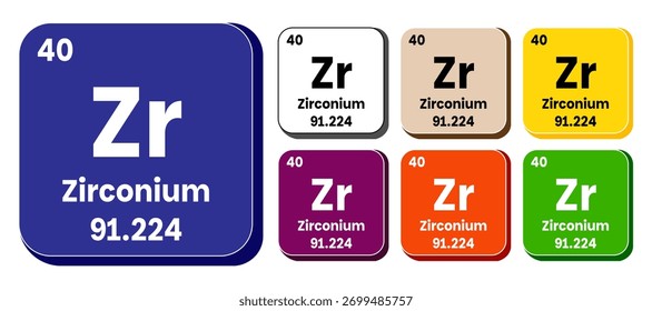 Zr, conjunto de ícones do vetor do elemento de zircônio, elemento da tabela periódica. Ilustração vetorial EPS 10 File. Isolado no fundo branco.