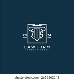 Logotipo do monograma inicial de ZS para escritório de advocacia com design de pilares em quadrado criativo